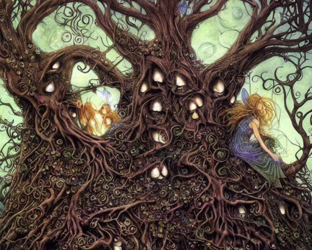 Intricate tree with twisted branches, glowing orbs, faces, and a melancholic girl in a