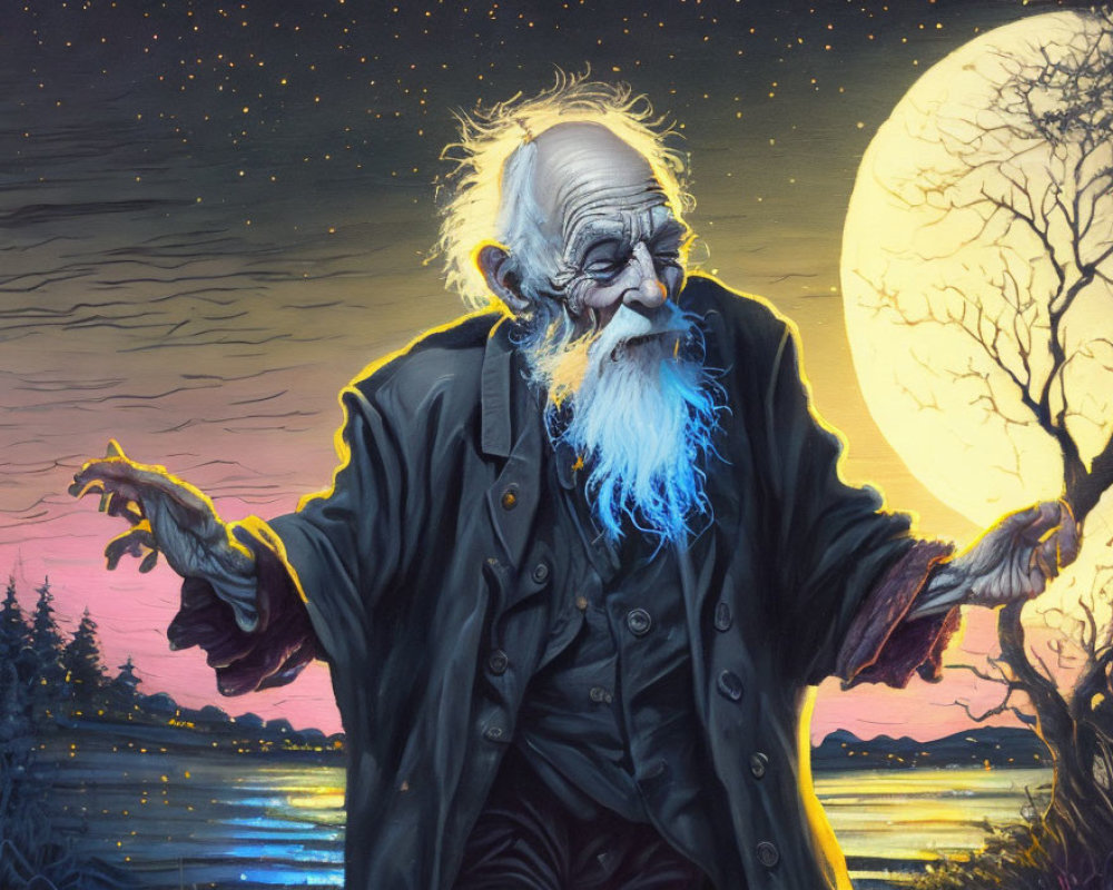 Elderly wizard with long blue beard under twilight sky