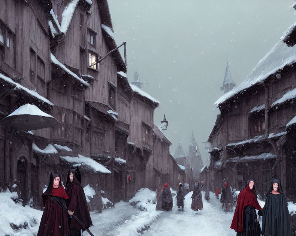 Medieval snowy street scene with people in red cloaks and umbrellas