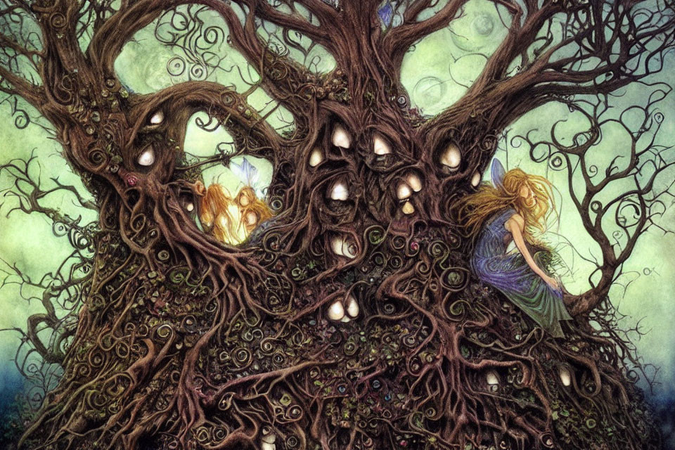 Intricate tree with twisted branches, glowing orbs, faces, and a melancholic girl in a