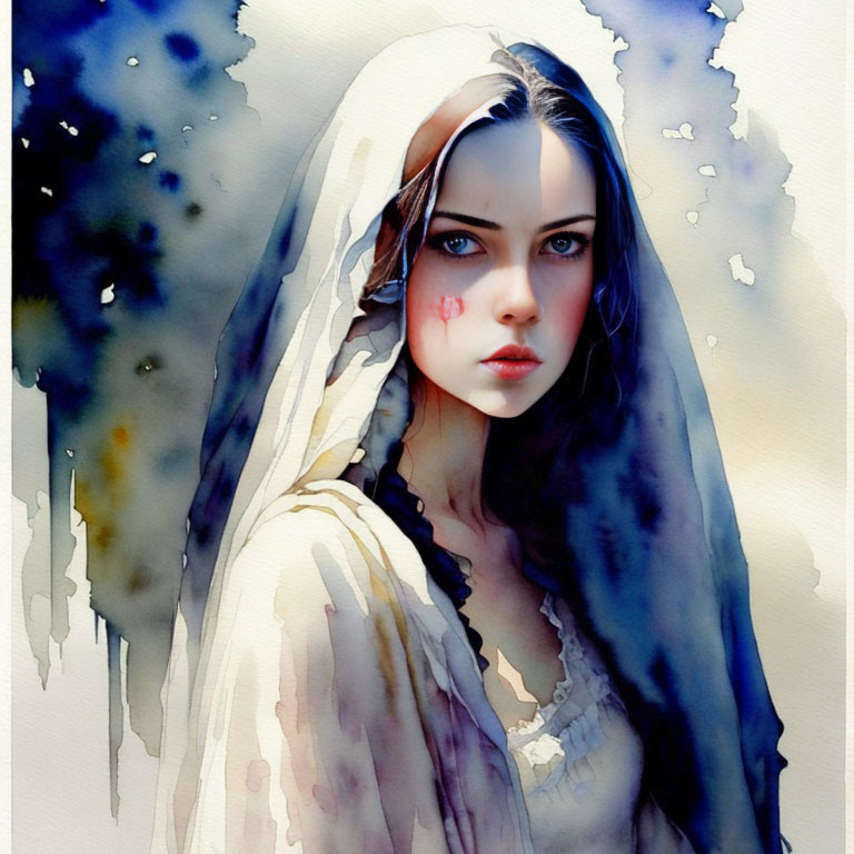 Woman with White Veil and Blue Eyes in Watercolor Painting
