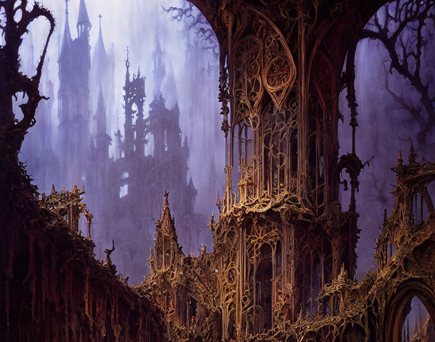 Mystical Gothic forest with cathedral-like trees in purple haze