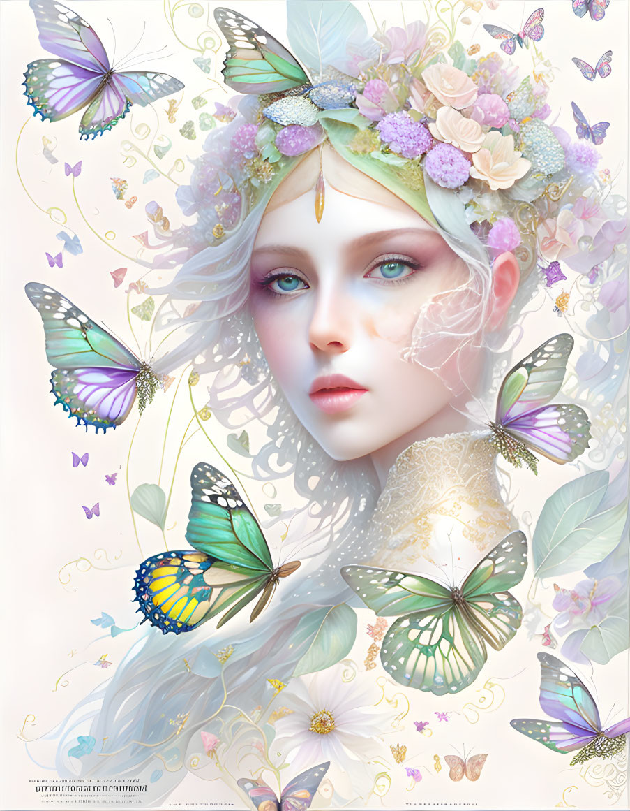 Portrait of woman with pale skin, blue eyes, butterflies, floral crown, and lace patterns