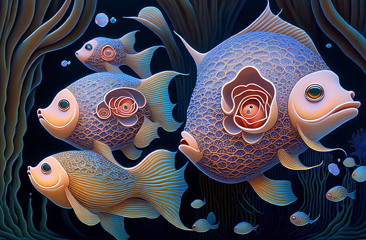 Colorful digital artwork of stylized fish with intricate patterns swimming among seaweed in a blue aquatic setting