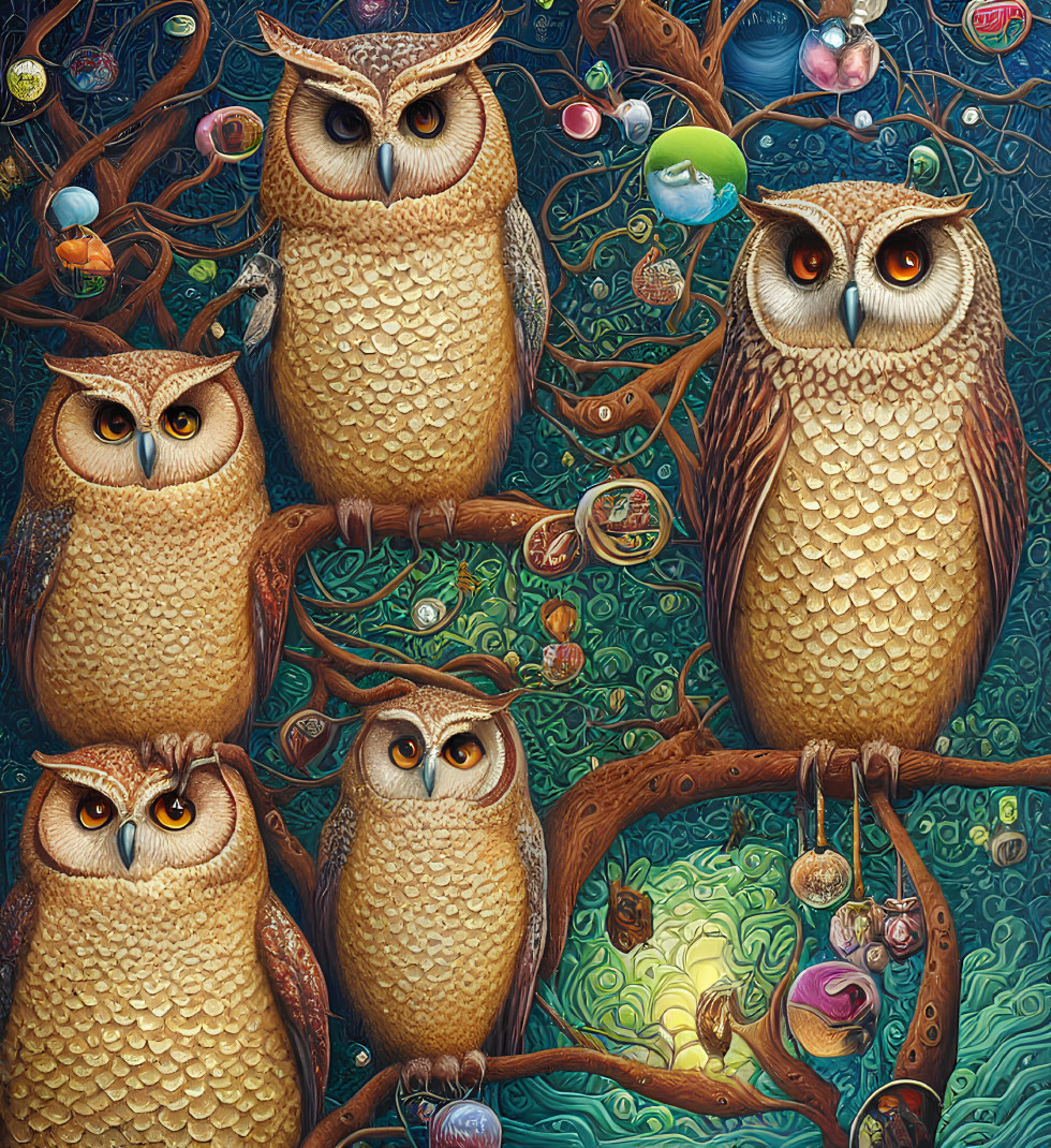 Detailed illustration of four owls on branches with bubbles and trinkets on vibrant background