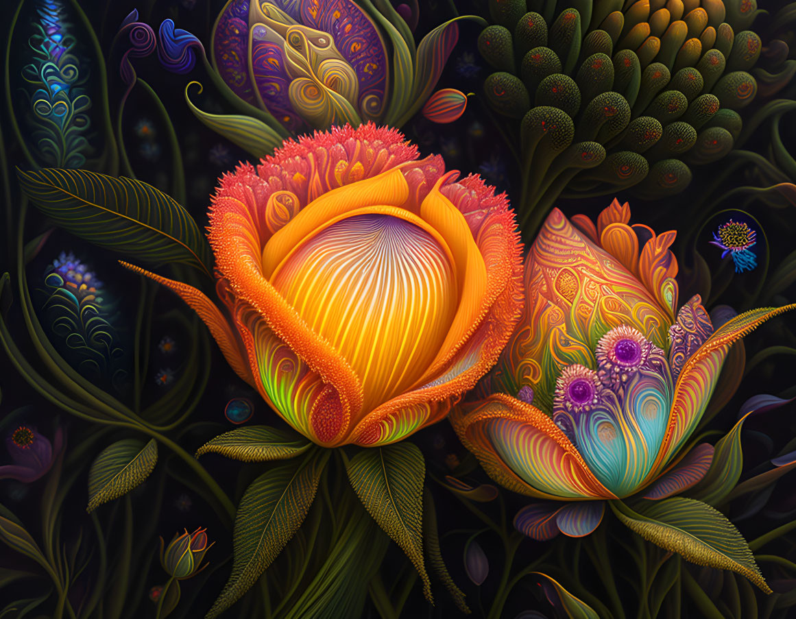 Colorful Surreal Artwork of Luminous Flowers and Foliage