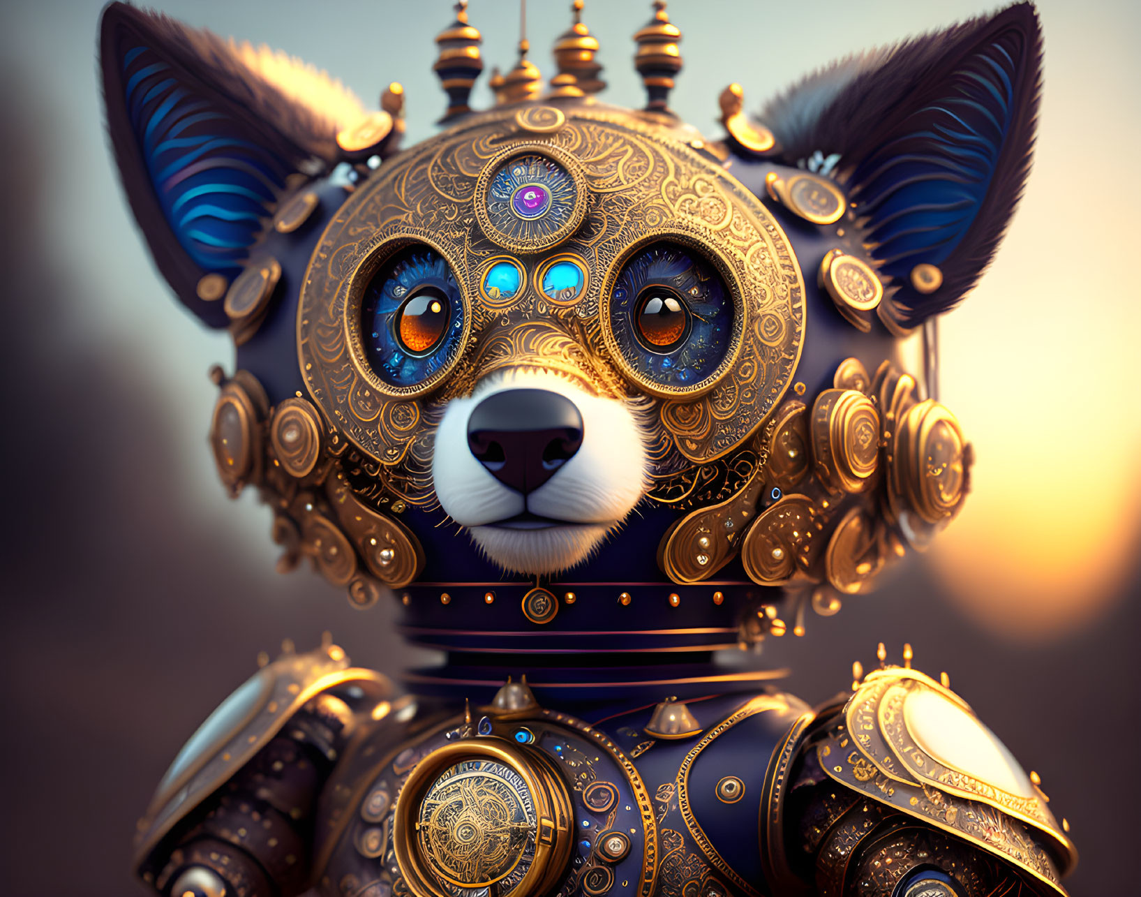 Detailed steampunk mechanical dog with glowing blue eyes on sunset background