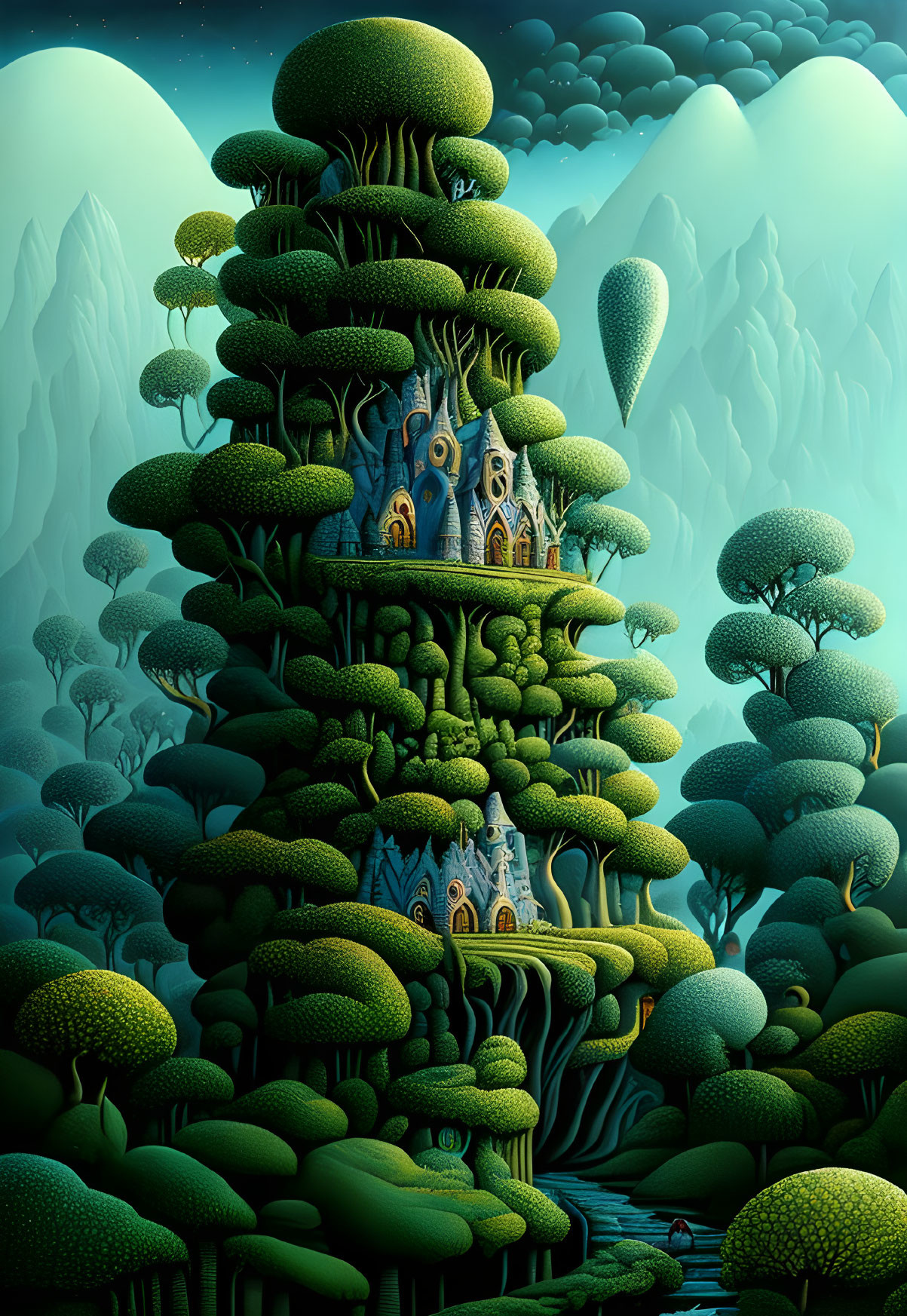 Whimsical tall tree with fairytale structures in lush green foliage