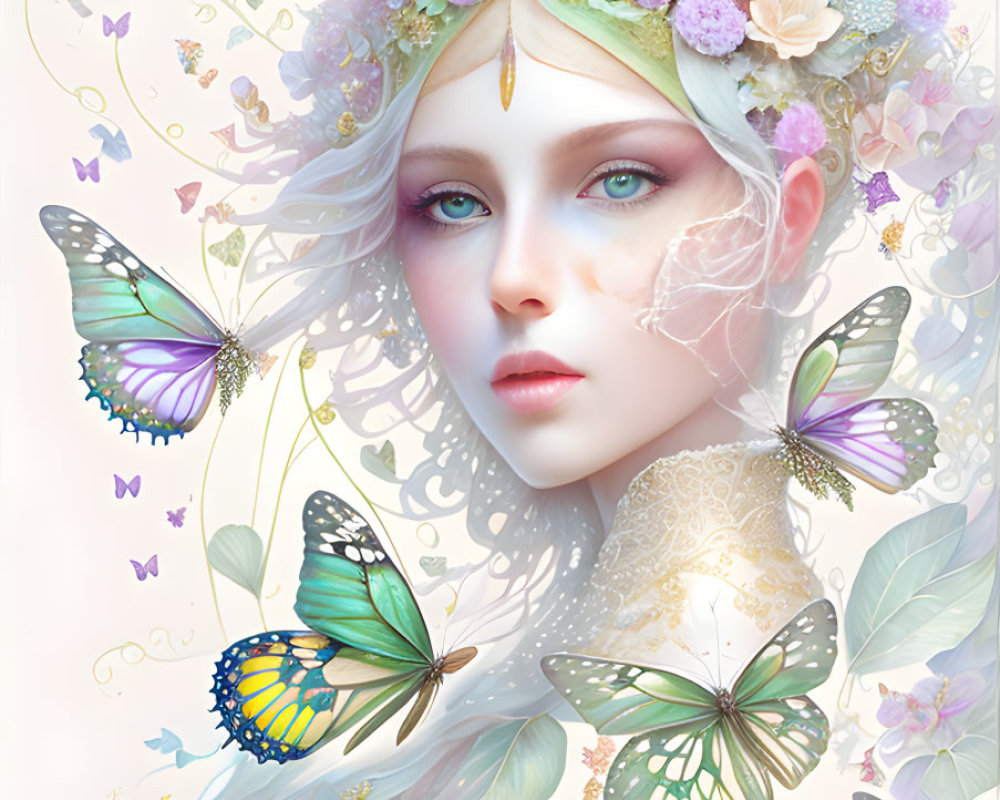 Portrait of woman with pale skin, blue eyes, butterflies, floral crown, and lace patterns