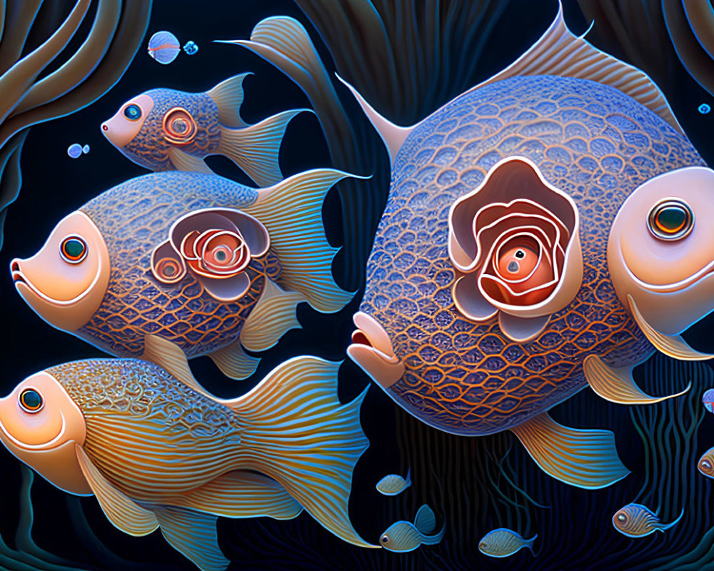 Colorful digital artwork of stylized fish with intricate patterns swimming among seaweed in a blue aquatic setting