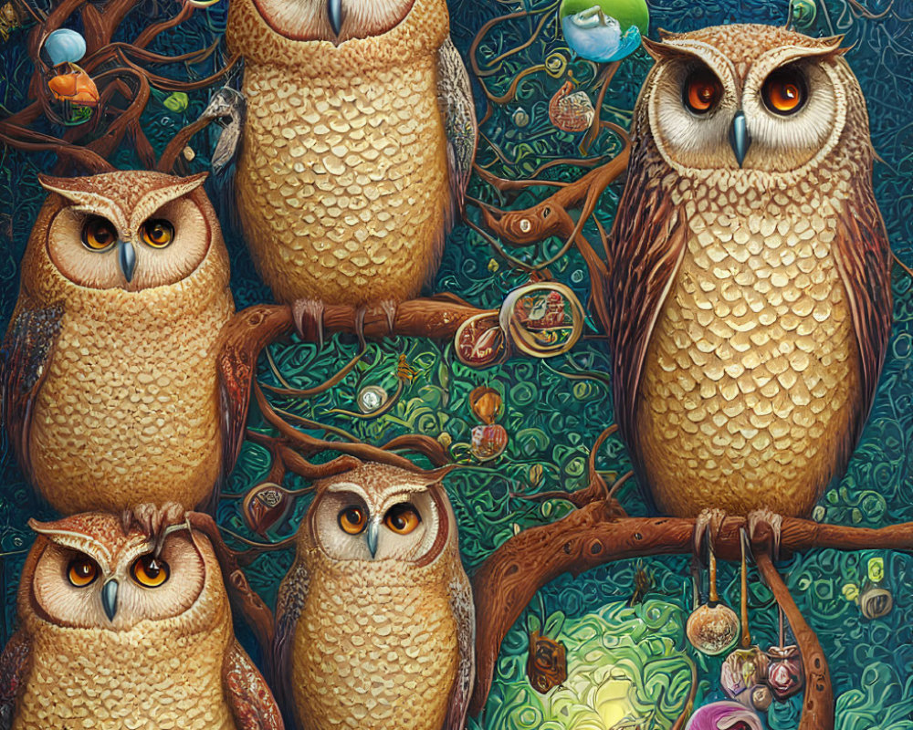 Detailed illustration of four owls on branches with bubbles and trinkets on vibrant background