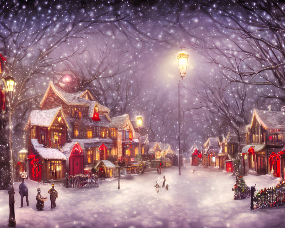Snowy village scene with festive lights and decorated trees