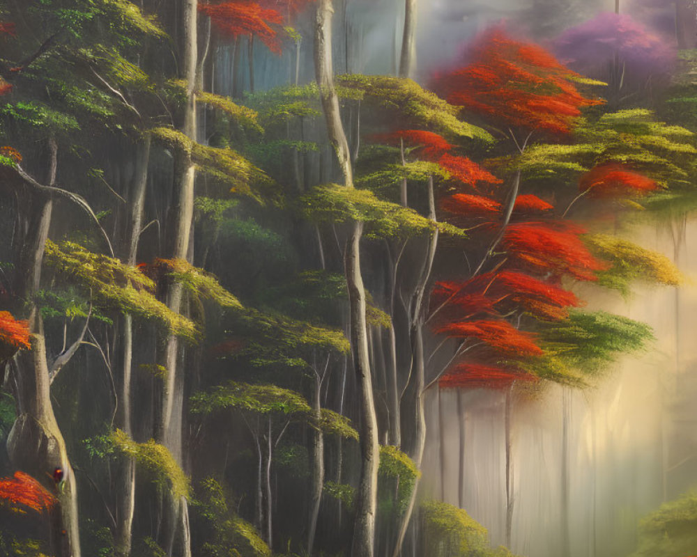 Tranquil forest scene with tall trees and red foliage in misty sunlight