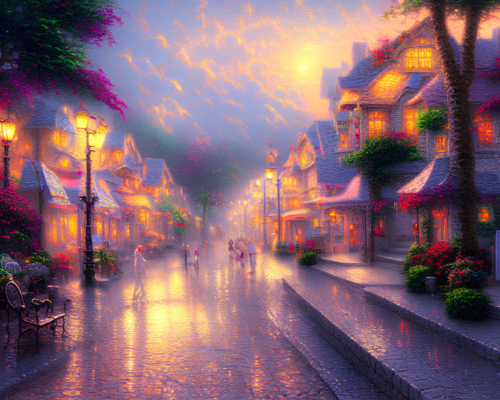 Twilight street scene with cobblestone pathways and glowing streetlights