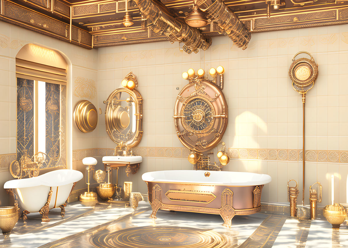 Opulent Steampunk-Inspired Bathroom with Gold Accents & Claw-Foot Tub