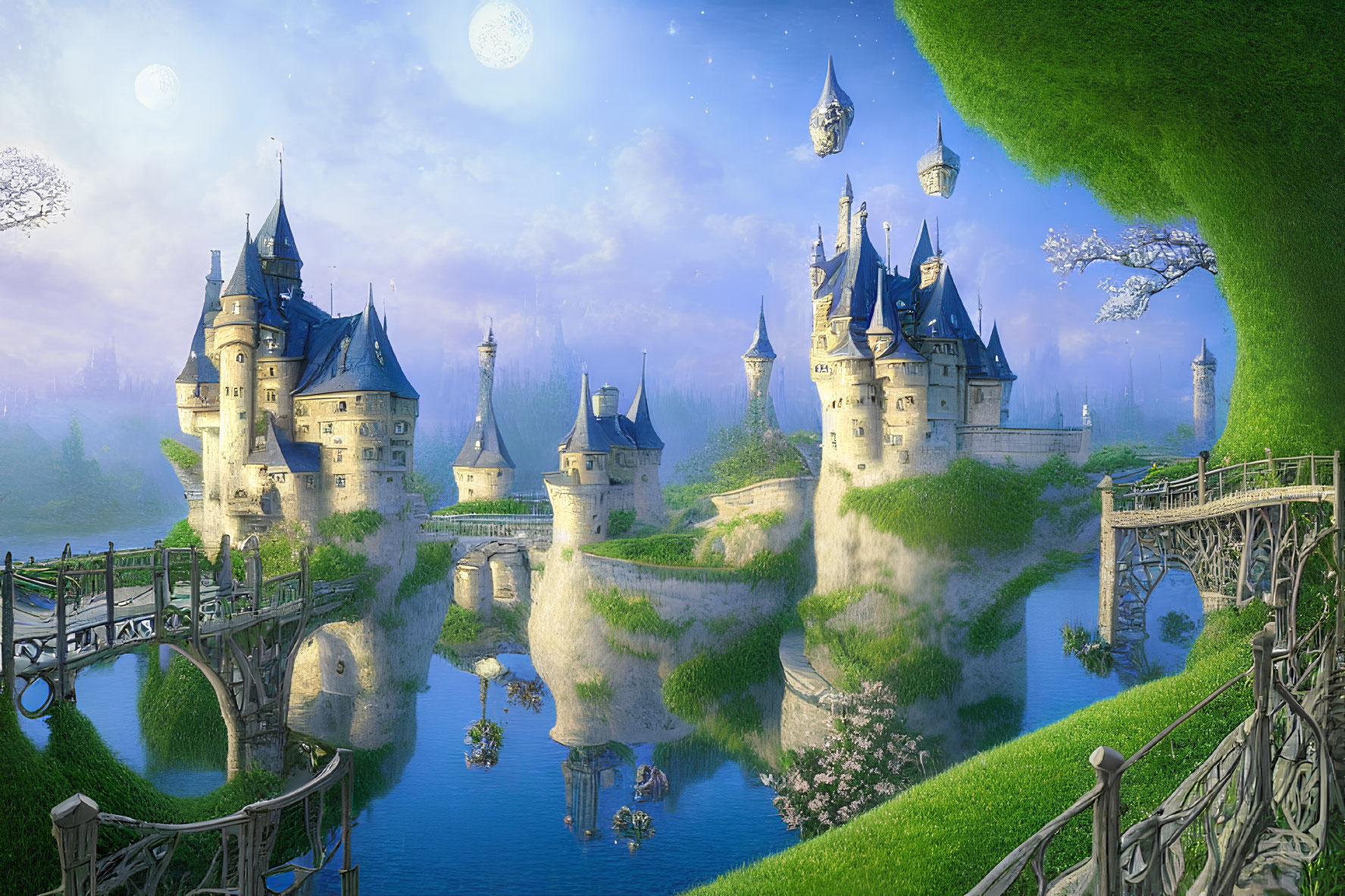 Majestic castle surrounded by water, bridges, lush greenery, and floating islands under a moon