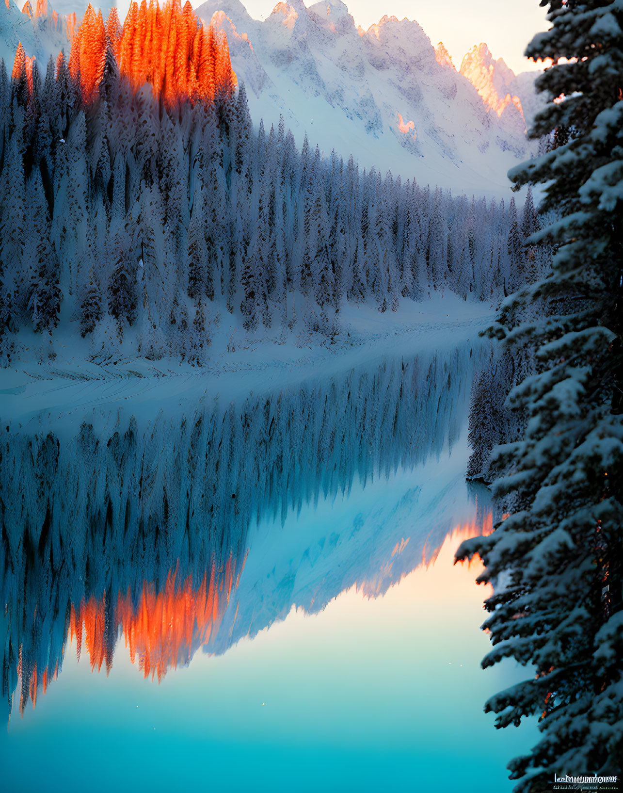Serene snow-fringed forest reflected in glassy lake at dusk