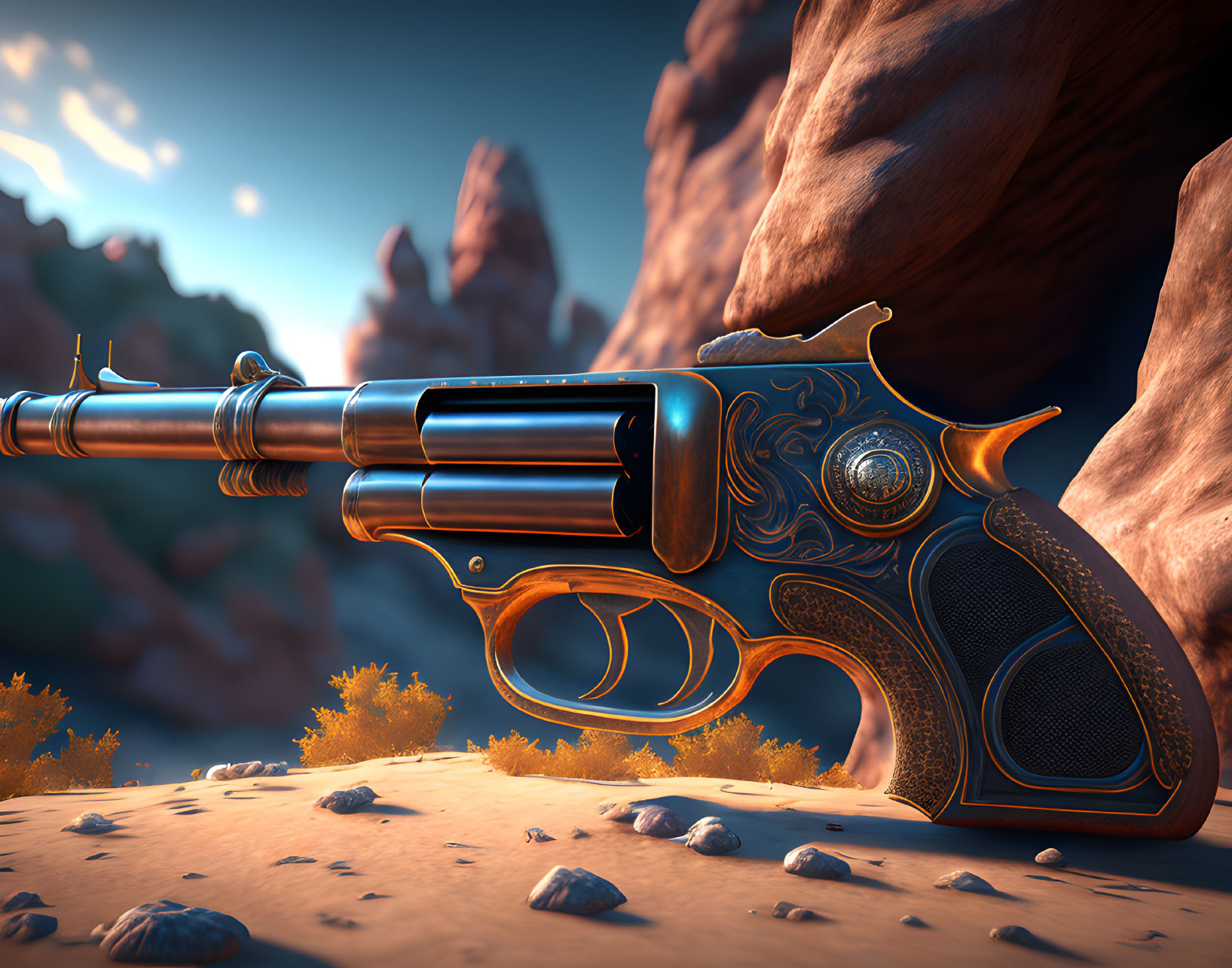 Ornate patterned revolver against desert canyon backdrop