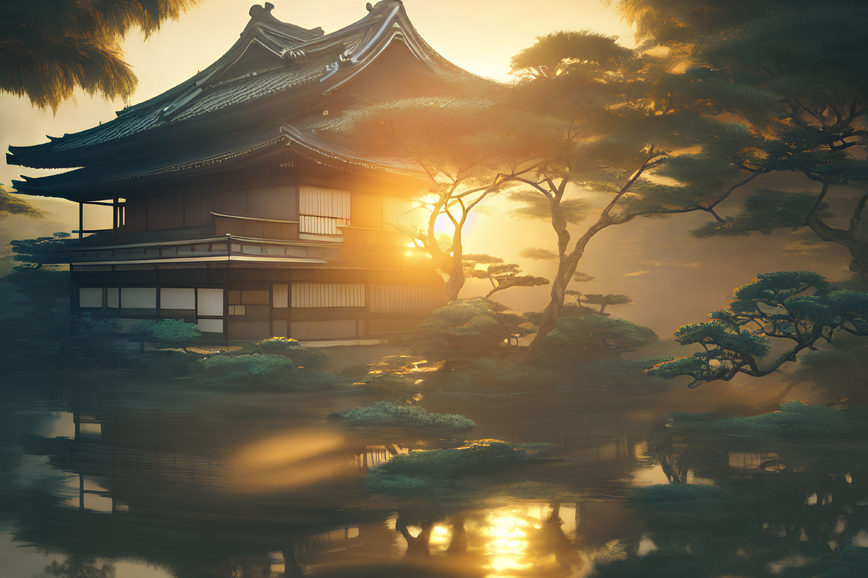 Japanese House Sunset Reflection Pine Trees