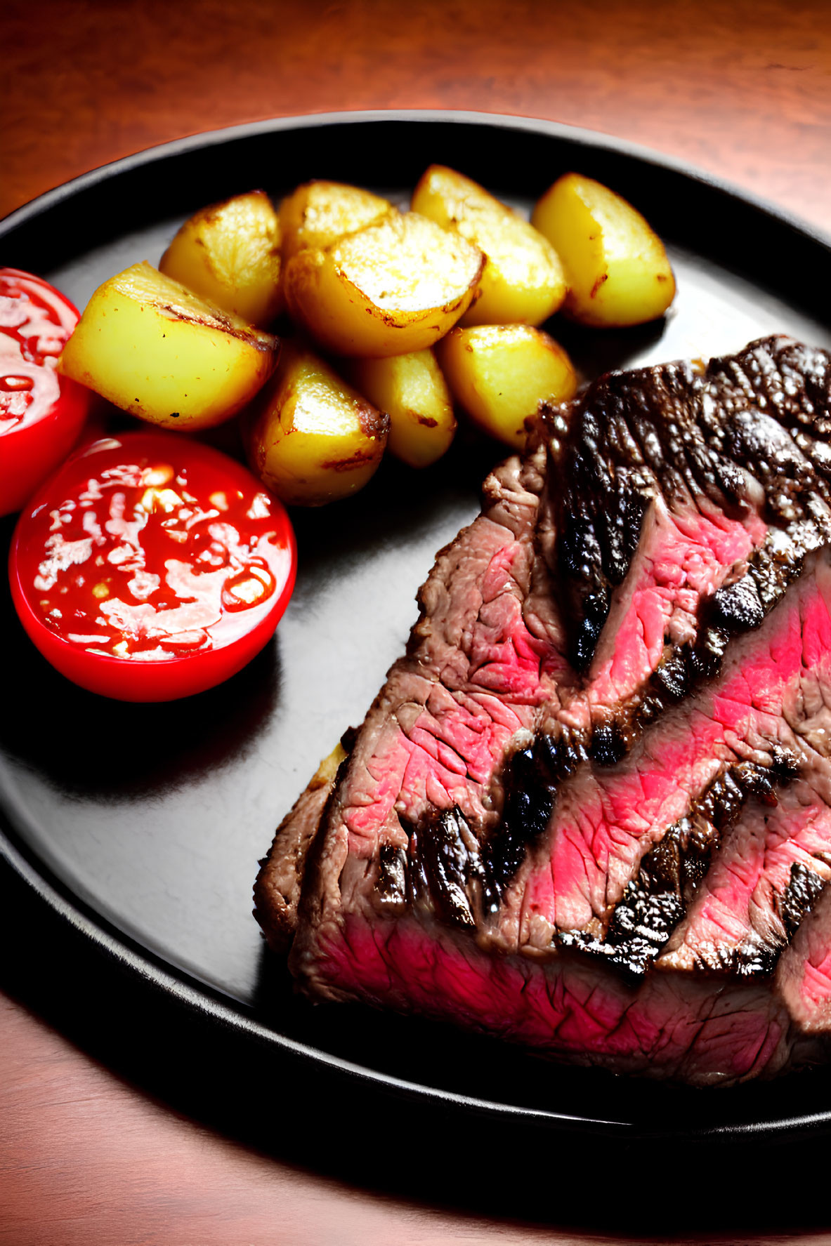 Grilled Steak with Roasted Potatoes and Tomatoes on Black Plate