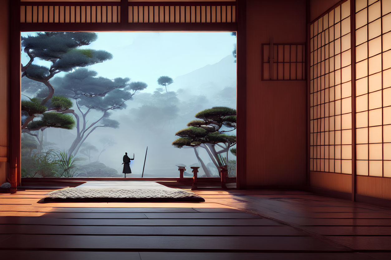 Japanese Room with Tatami Mats, Shoji Doors, Tea Set, and Bonsai Garden