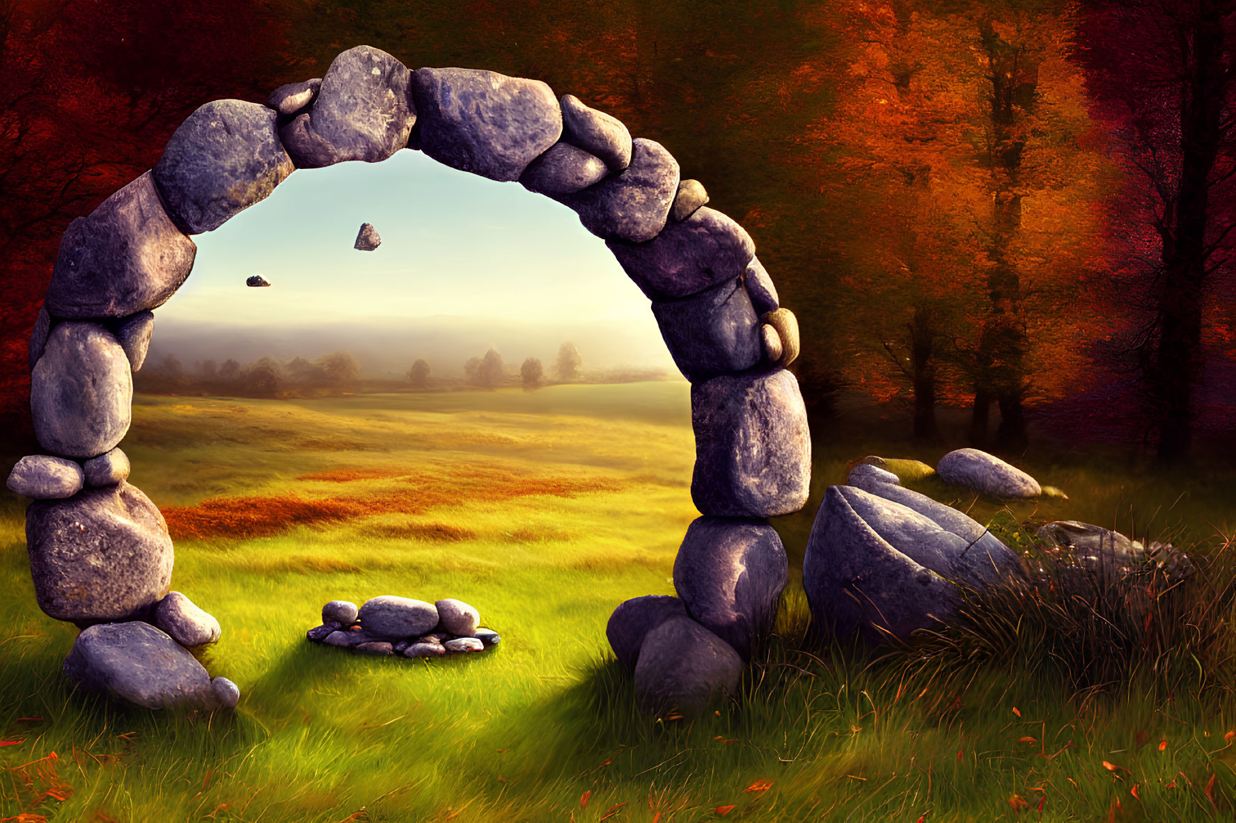 Stone archway in vibrant autumn landscape with serene field and colorful trees