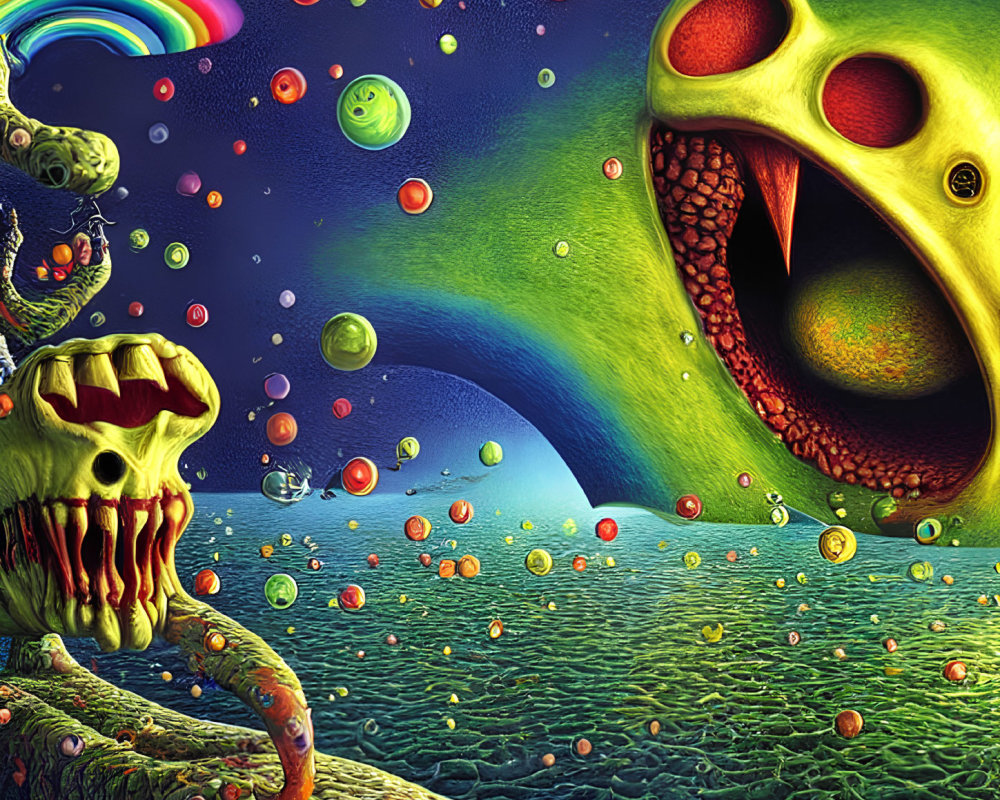 Colorful Psychedelic Skull Creature with Planets on Green Landscape