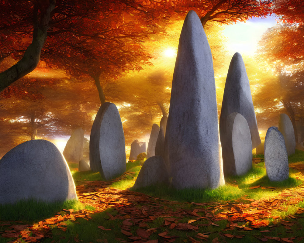 Autumn forest stone circle with sunlight rays through orange leaves