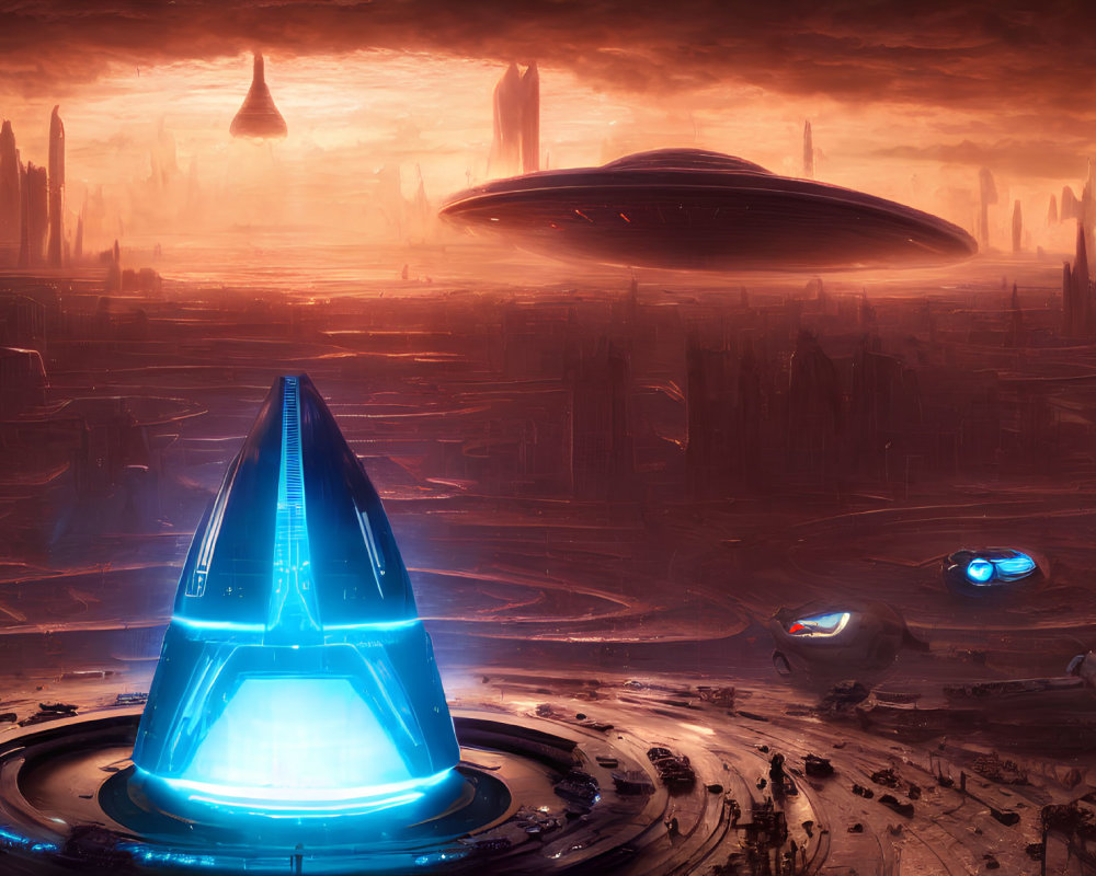 Futuristic cityscape with towering spires and flying vehicles under an orange sky
