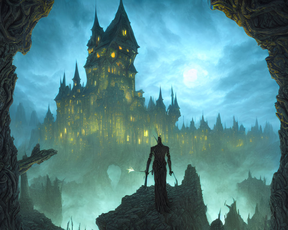 Shadowy Figure in Moonlit Gothic Castle with Spire Silhouettes
