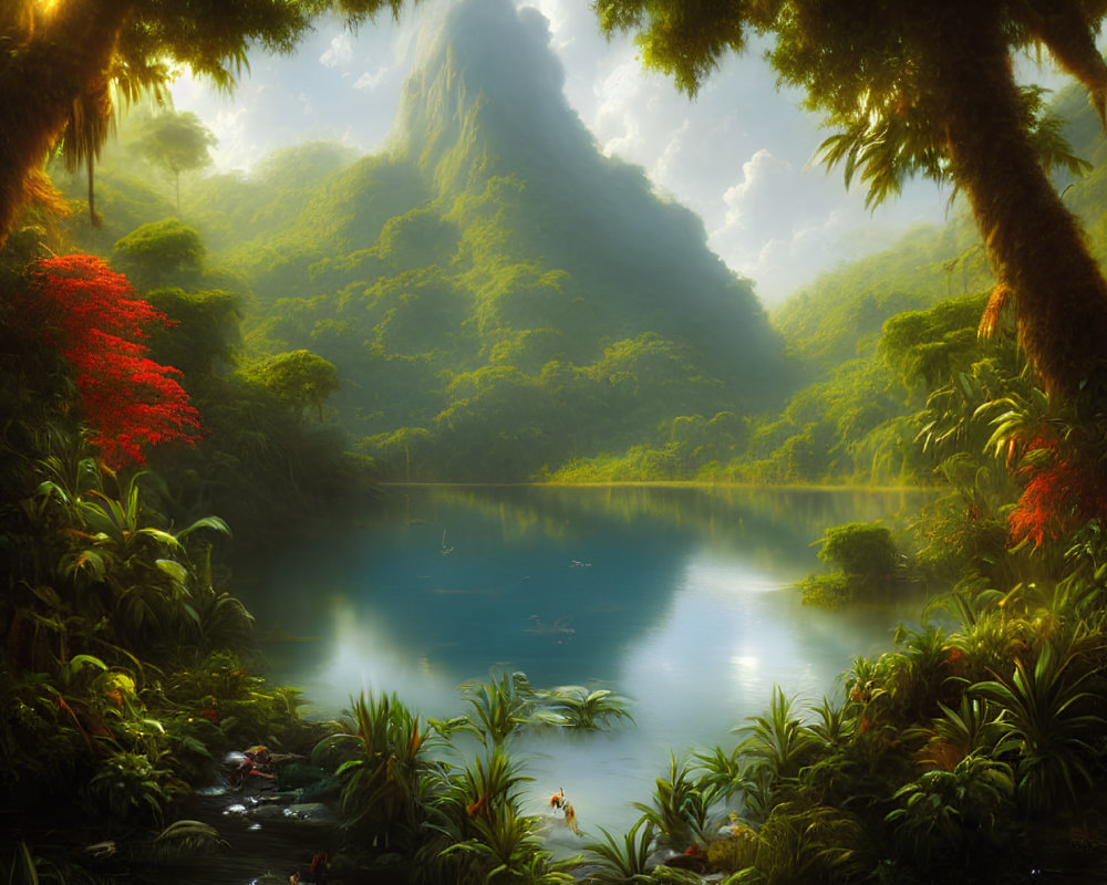Tranquil jungle scene with vibrant foliage and serene lake