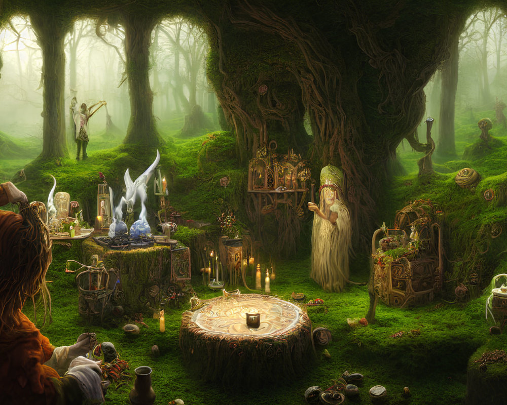 Mystical forest scene with wizard, magical artifacts, potions, and candles