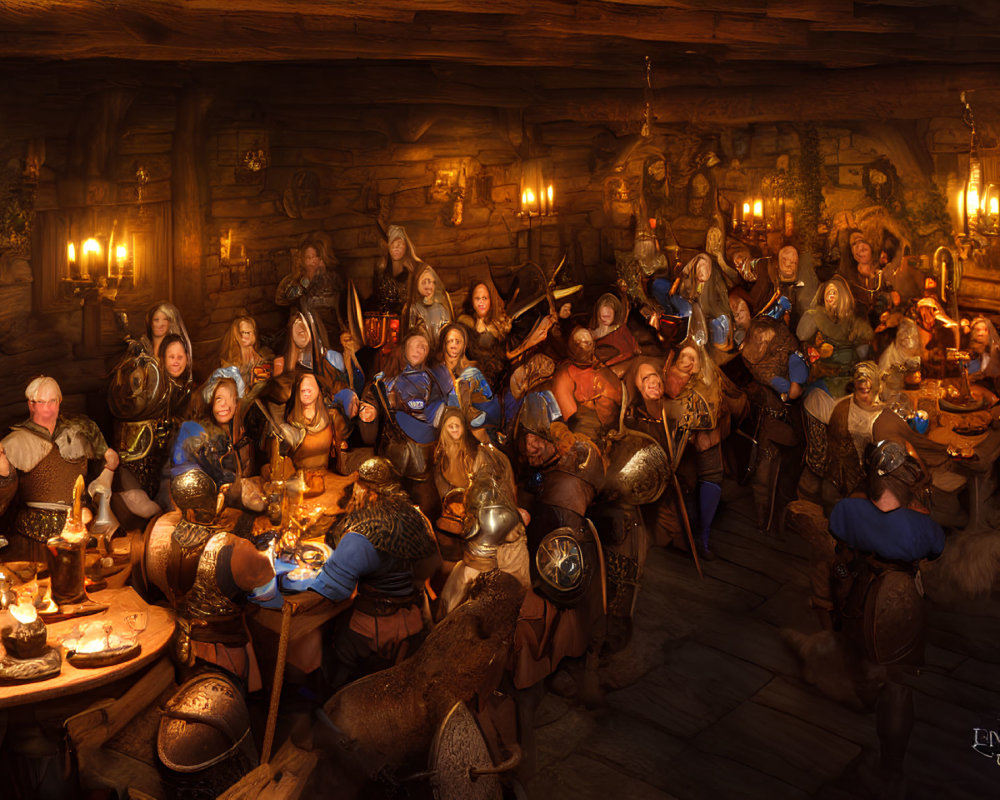 Medieval tavern scene with people in period attire feasting by candlelight