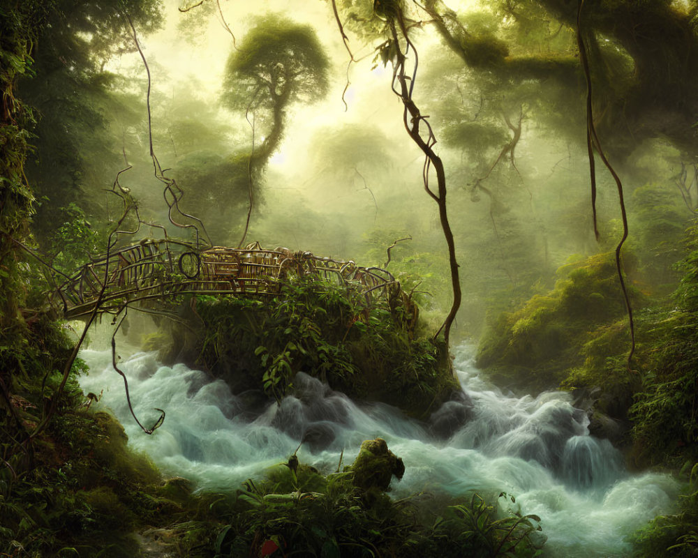 Enchanting forest scene with wooden bridge and rushing stream
