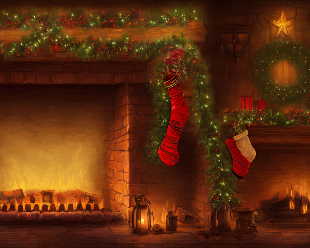 Festive Christmas scene with stockings, wreath, and fireplace