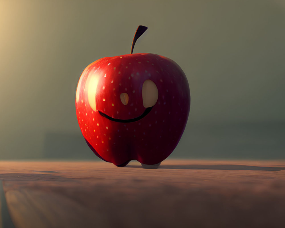 Red Smiley Face Apple and Mini Replica on Wooden Surface