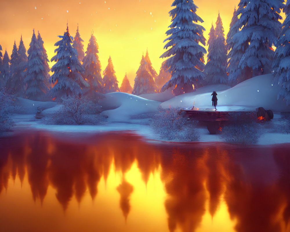Person on Dock Gazes at Snowy Pine Forest Sunset