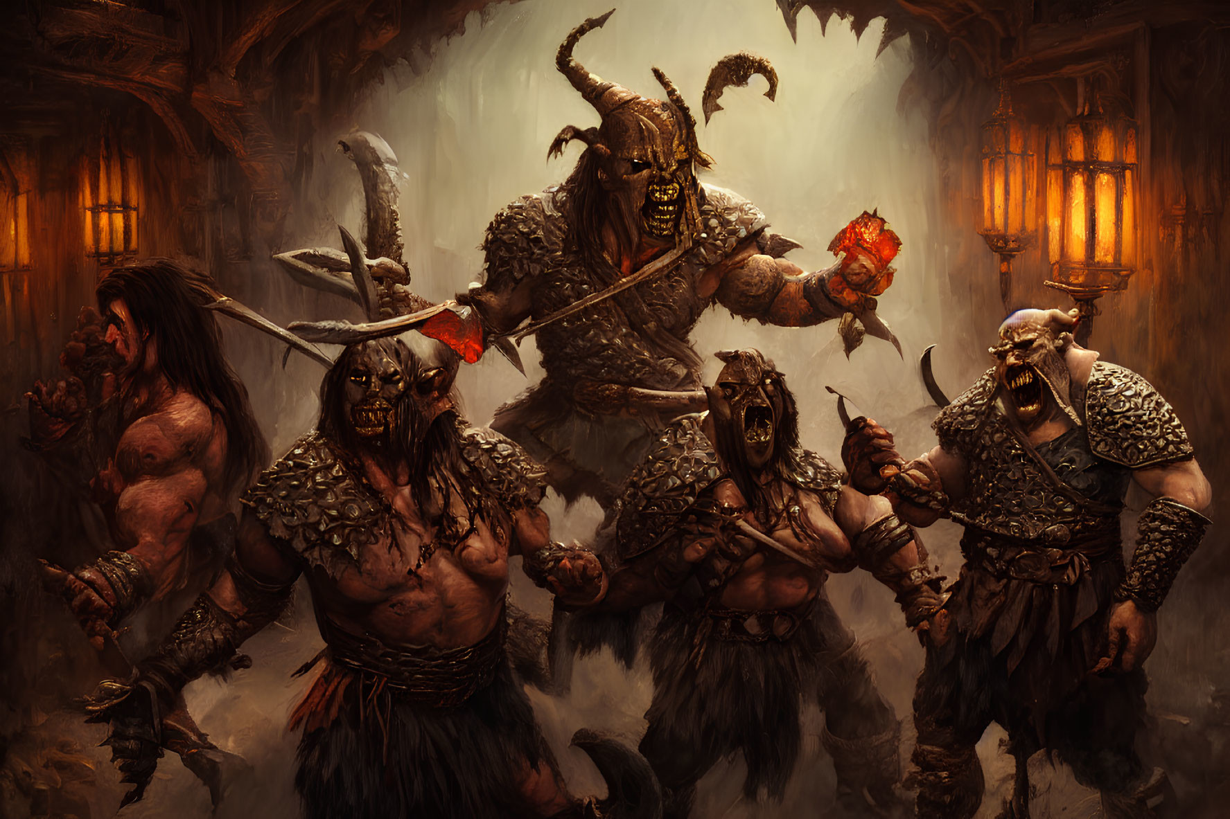 Menacing fantasy orcs armed for battle in torch-lit setting