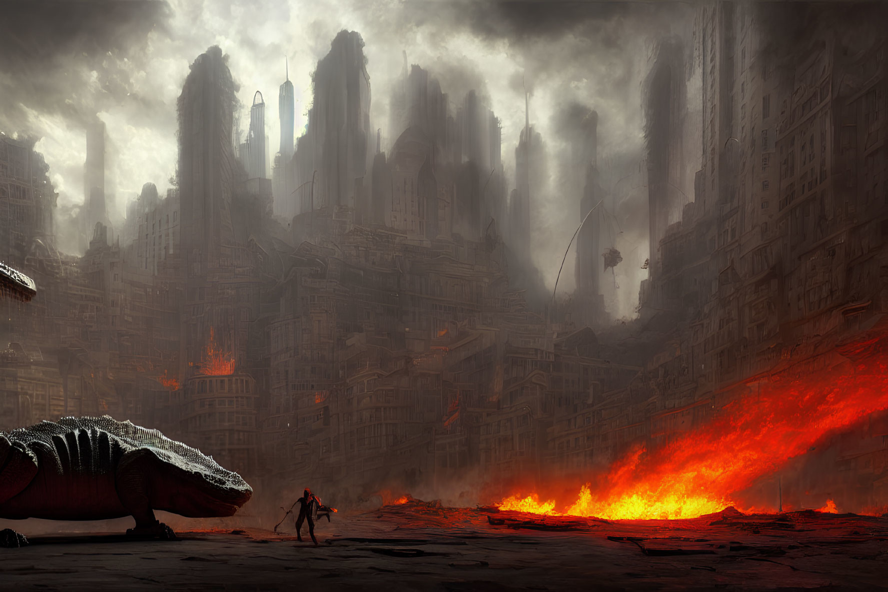 Post-apocalyptic cityscape with lava streams, colossal worm, and lone figure in desolation.