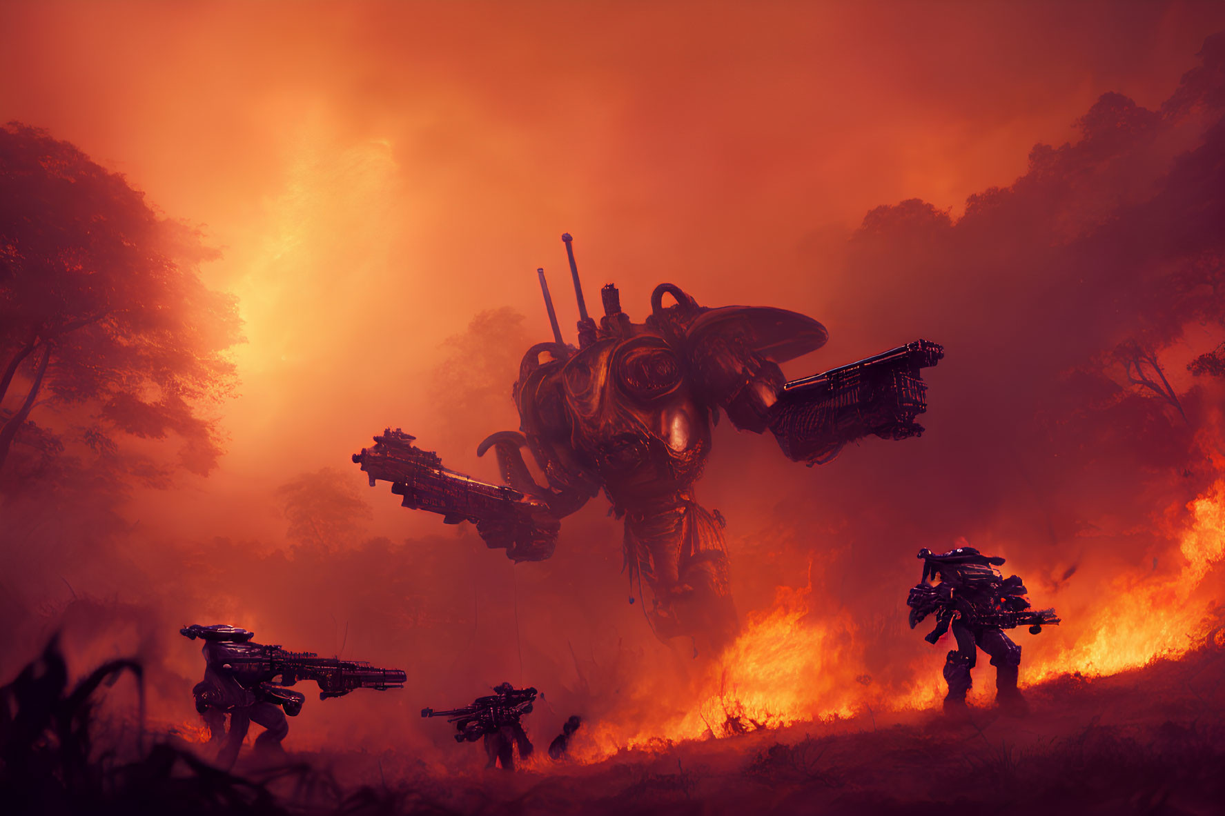 Soldiers and robotic creature in fiery futuristic battle landscape