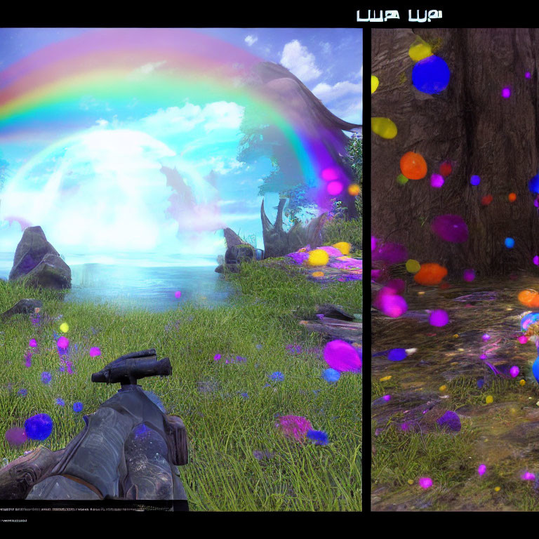 Vibrant alien landscape with gun, waterfall, rainbow, orbs