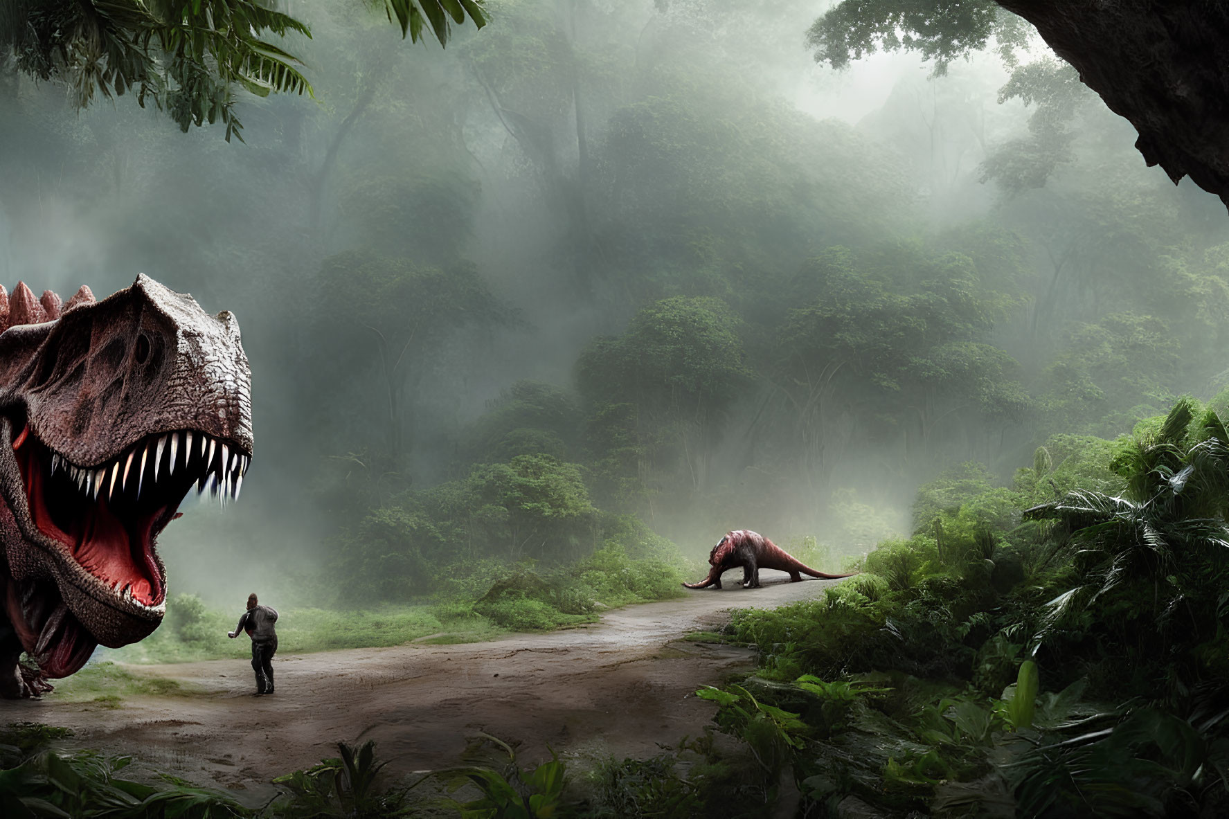 Encounter: Person confronts giant dinosaur in misty jungle