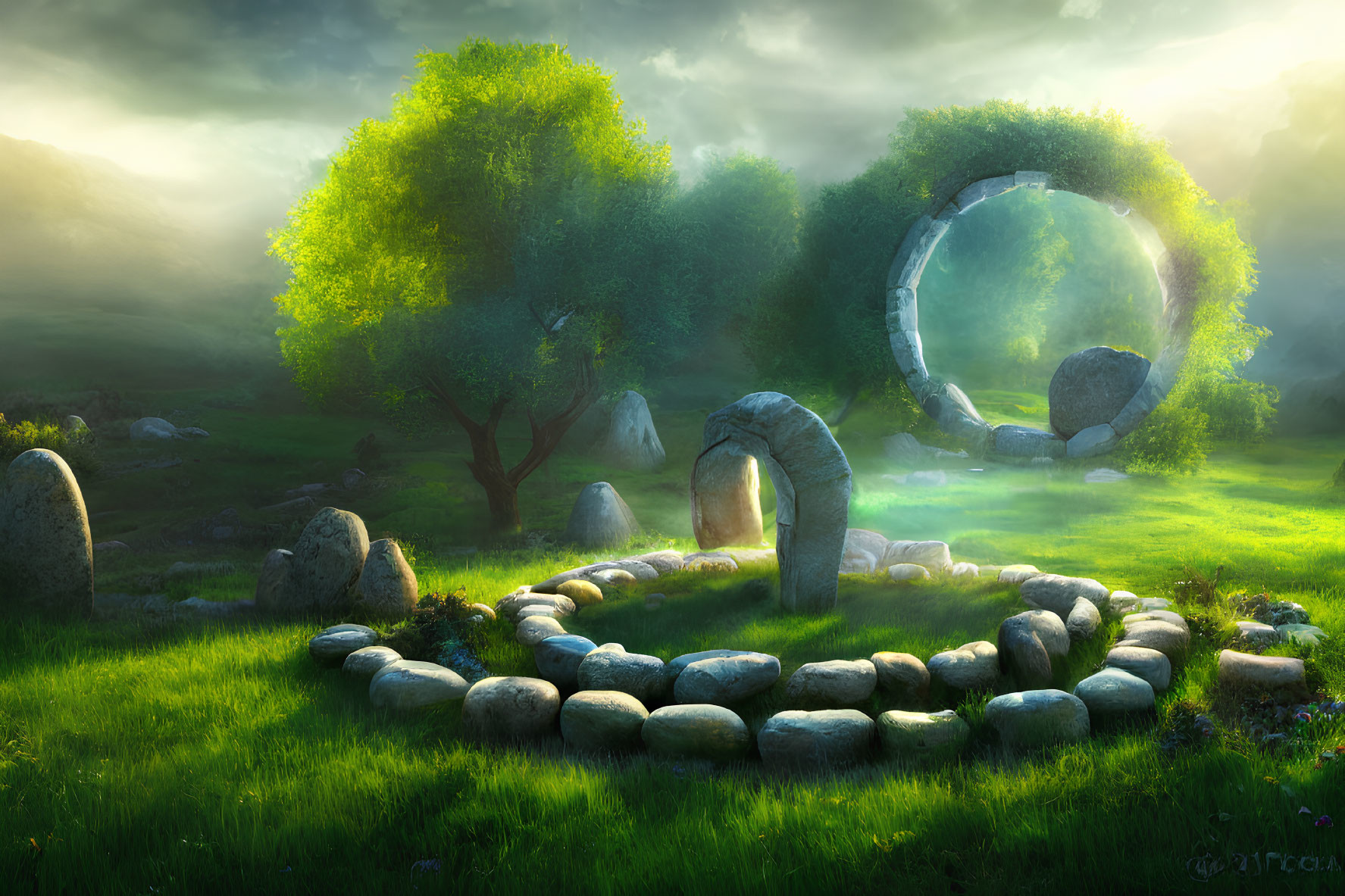 Ancient stone circle and portal in mystical landscape