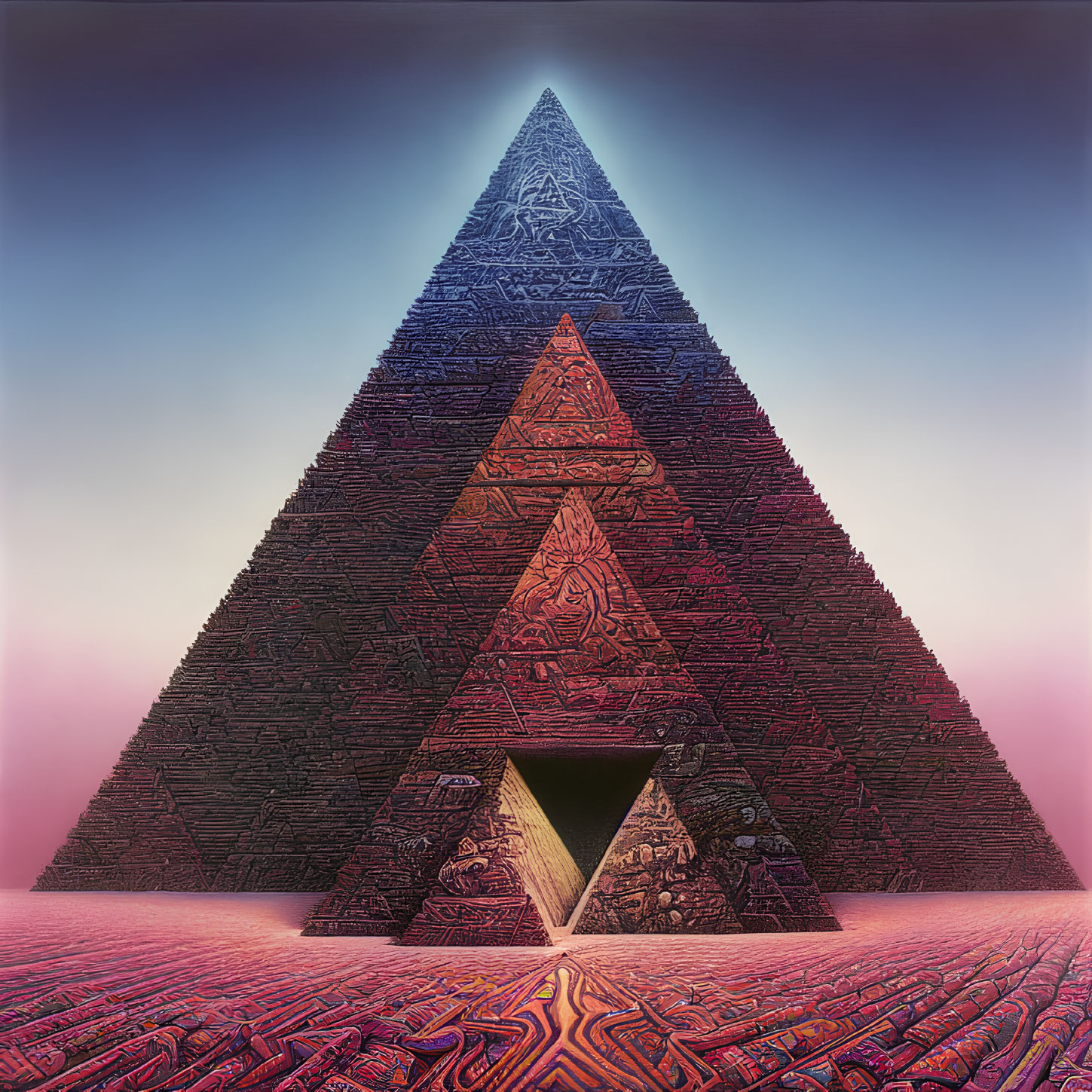 Mystical pyramid with textured doorway on luminous gradient background