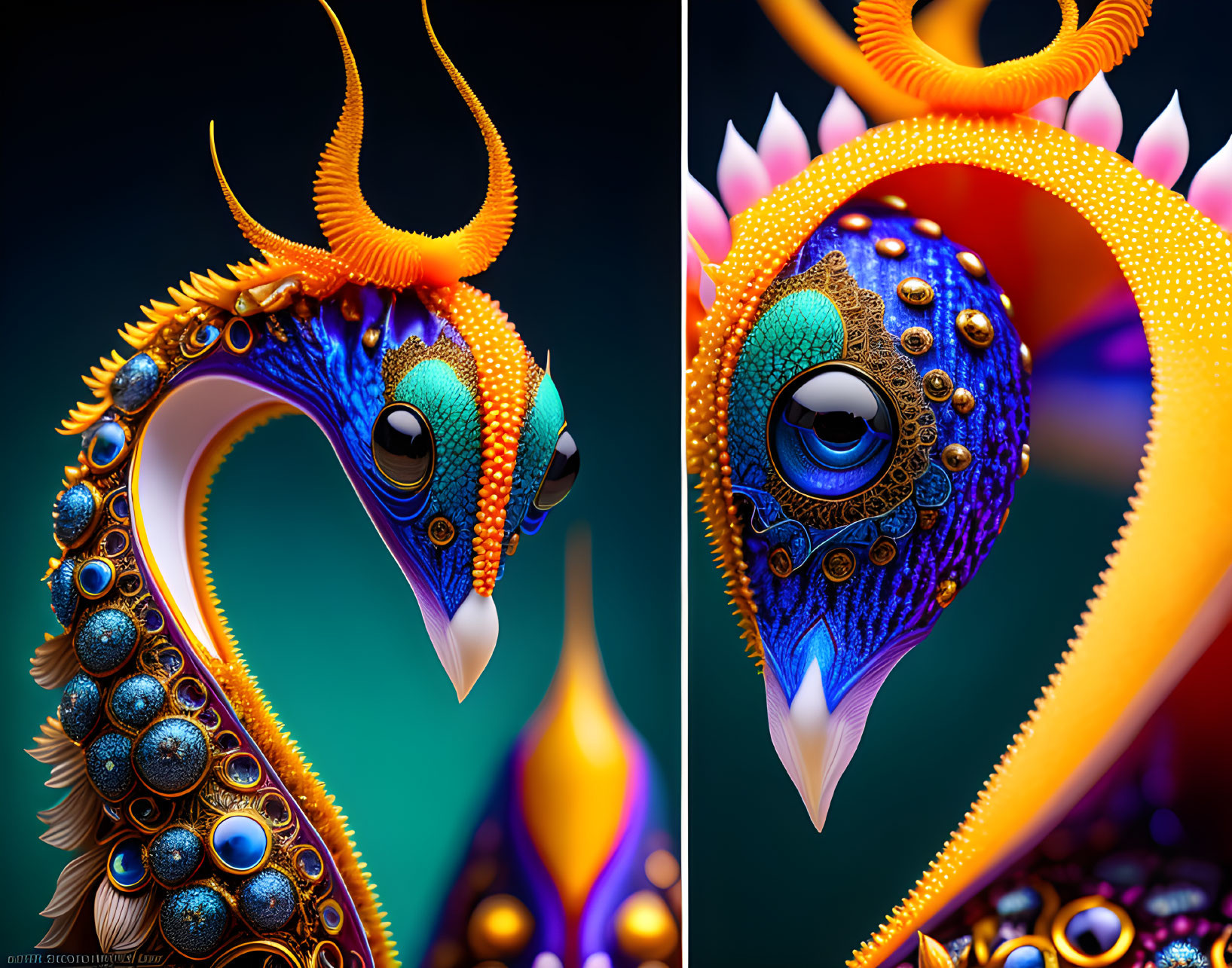 Colorful digital artwork of a stylized dragon-like creature with ornate feathers and expressive eyes