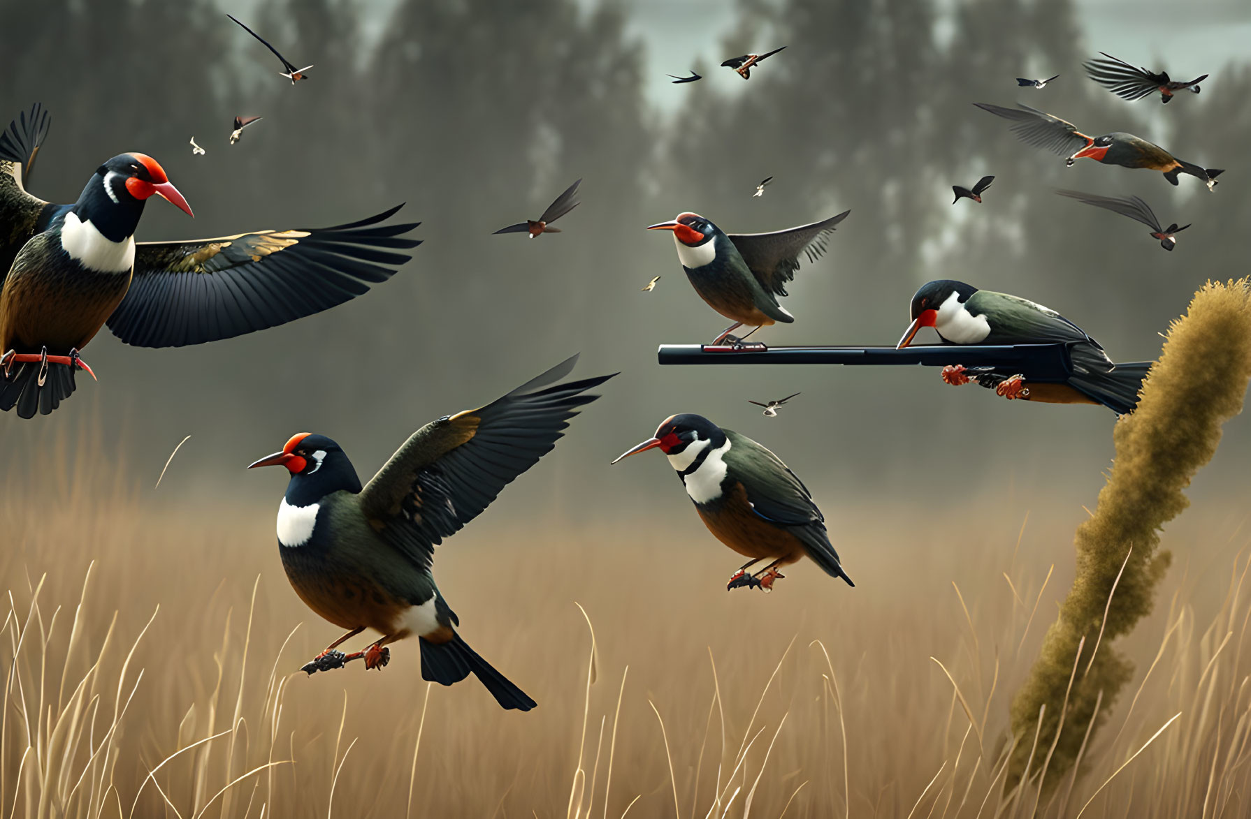 Colorful Birds Flying in Grassland Landscape