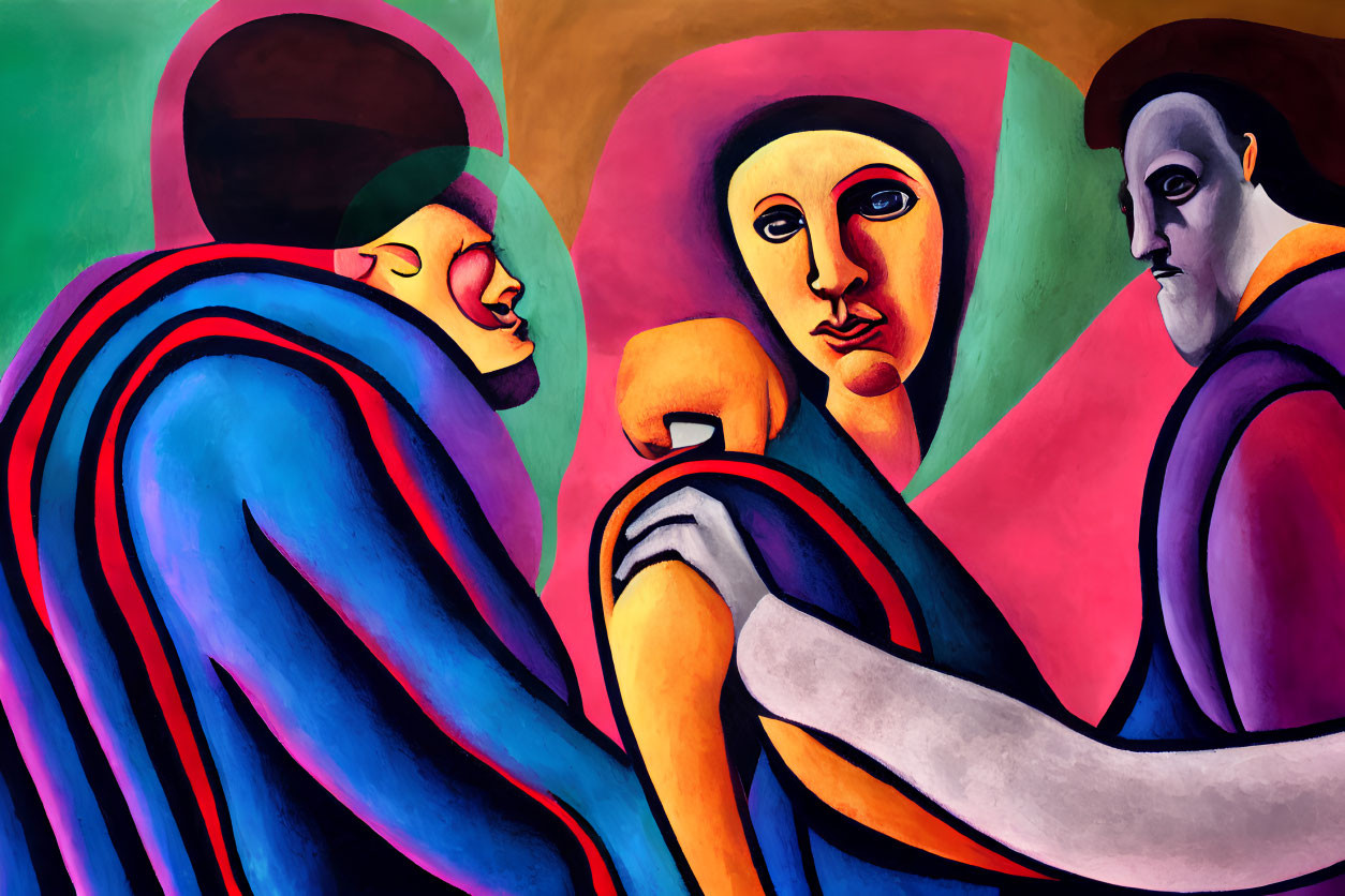 Vibrant Cubist-inspired painting with stylized figures