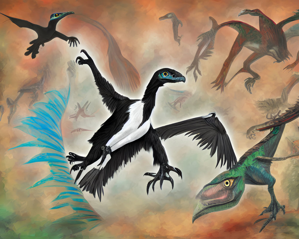 Diverse pterosaurs in flight with varied wing shapes on textured backdrop