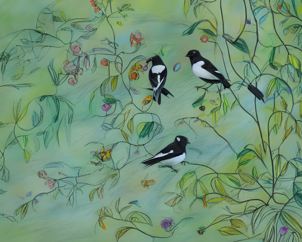 Monochrome Birds in Lush Green Foliage and Colorful Blooms