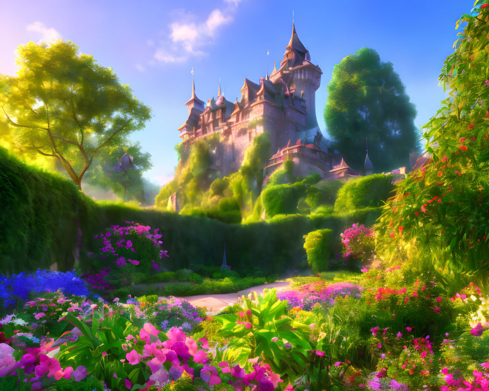 Colorful fairy-tale castle on lush hill with blooming garden